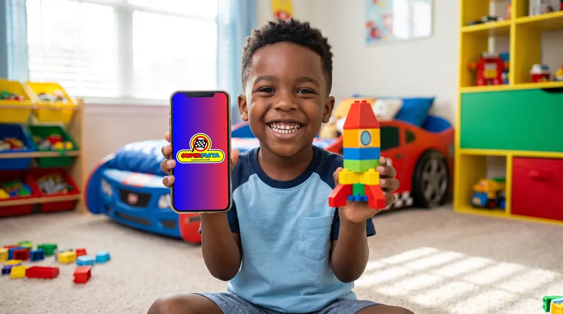Menino sorrindo com um celular numa mão e um foguete de blocos de montar na outra.